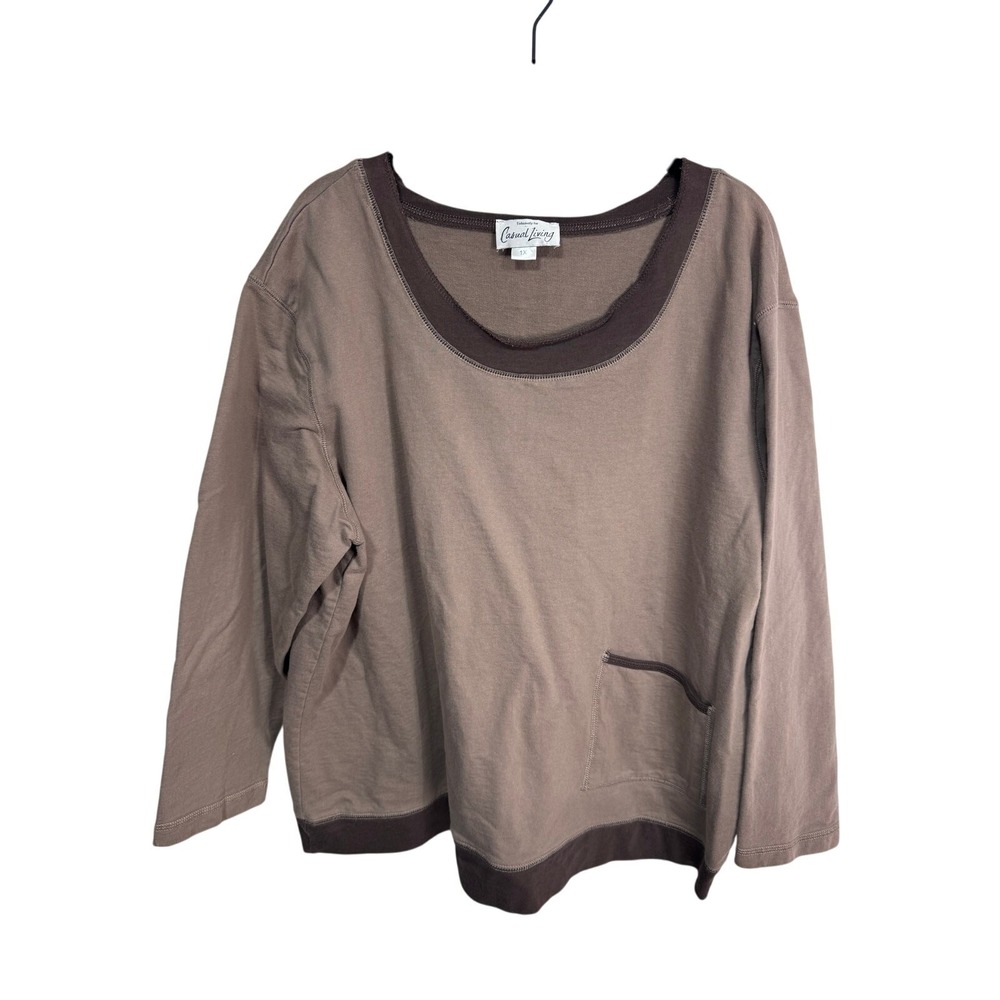 Vintage Casual Living Brown Cotton Long Sleeve‎ Top Contrast Trim 1X